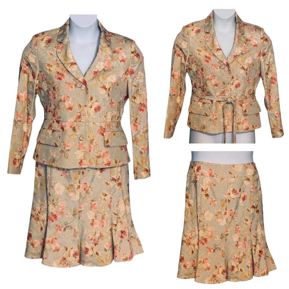 Albert Nipon Blazer Skirt Suit 10P Green Yellow Floral Brocade Tapestry Vintage